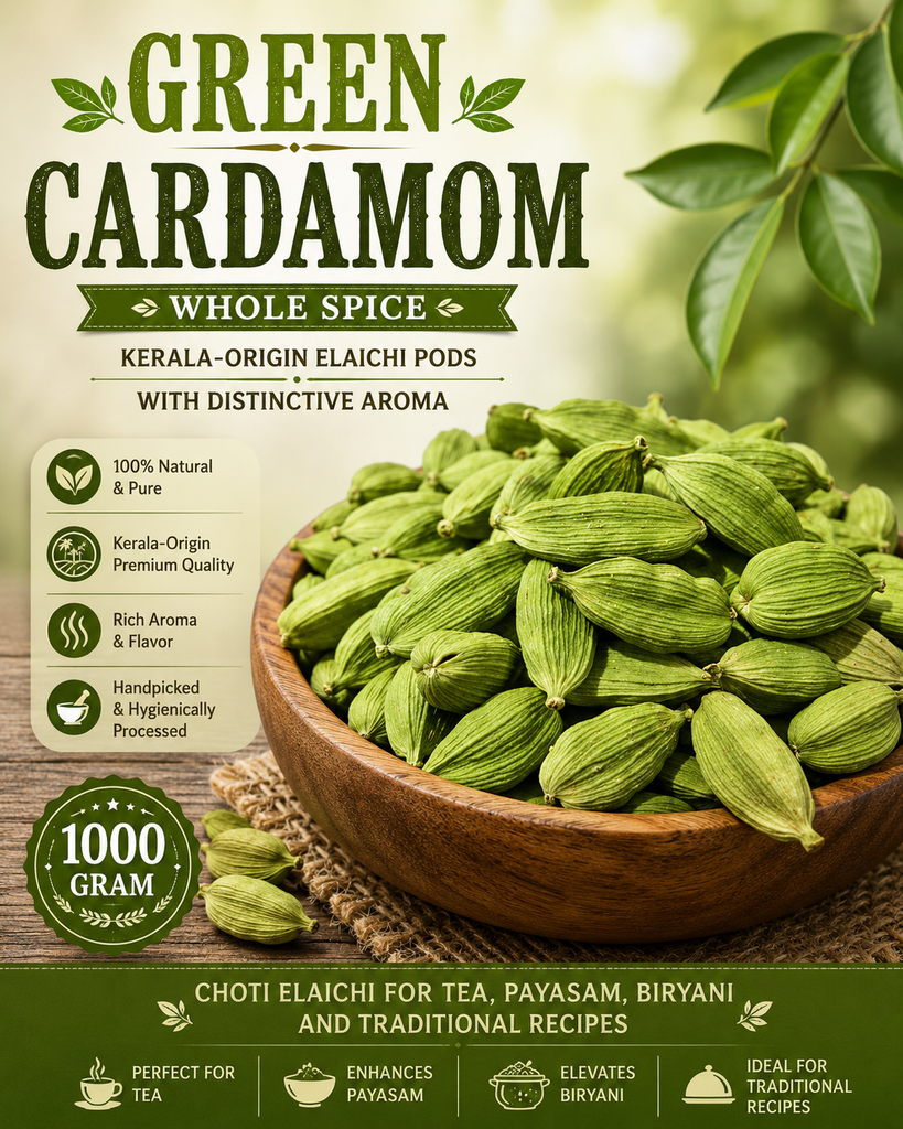 Green Cardamom Whole Spice | Kerala-Origin Elaichi Pods with Distinctive Aroma | Choti Elaichi for Tea, Payasam, Biryani and Traditional Recipes