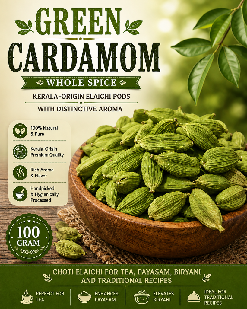 Green Cardamom Whole Spice | Kerala-Origin Elaichi Pods with Distinctive Aroma | Choti Elaichi for Tea, Payasam, Biryani and Traditional Recipes