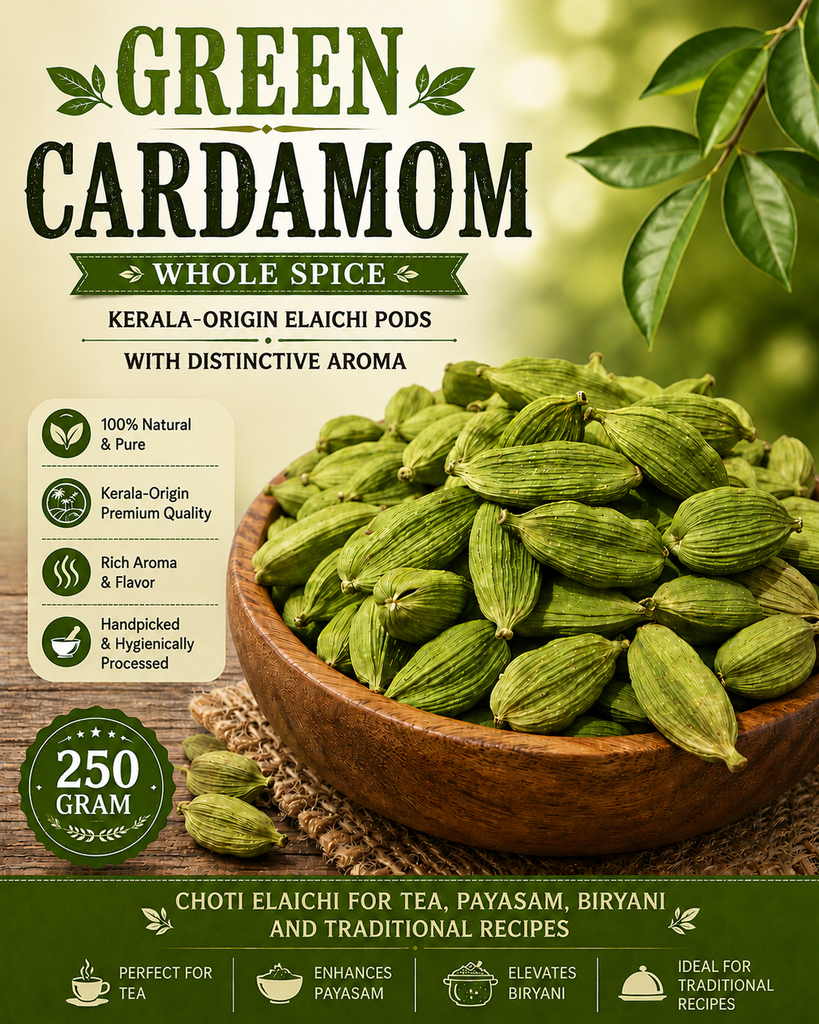 Green Cardamom Whole Spice | Kerala-Origin Elaichi Pods with Distinctive Aroma | Choti Elaichi for Tea, Payasam, Biryani and Traditional Recipes