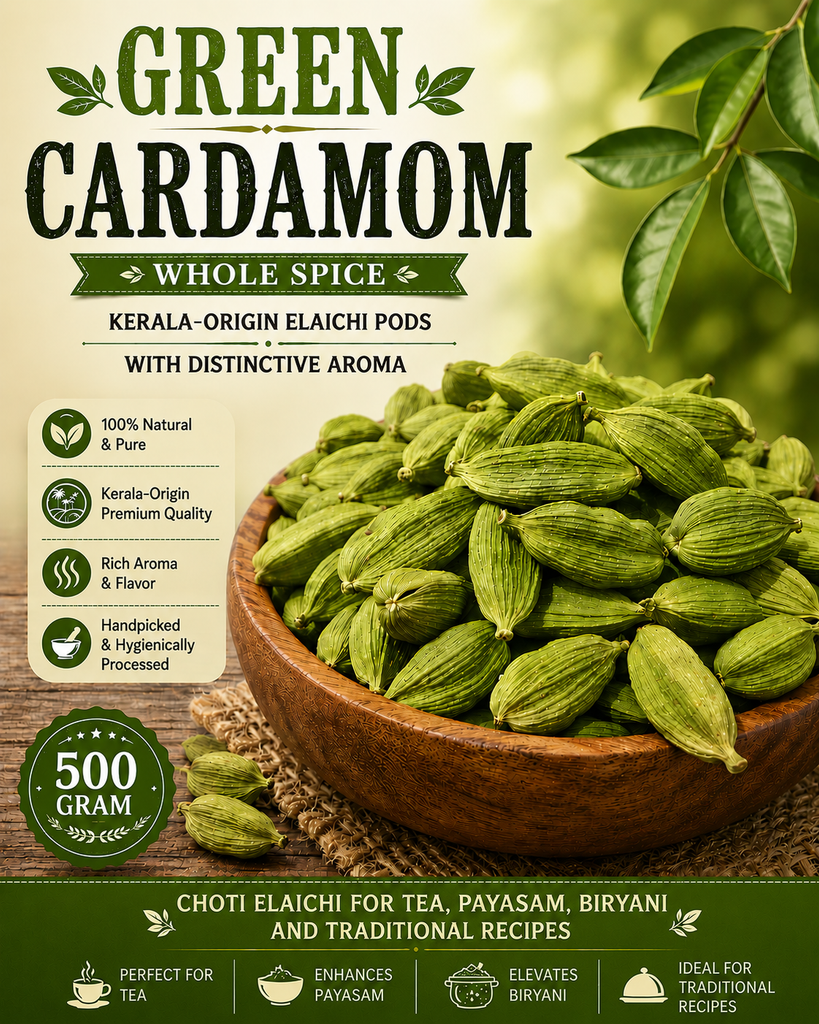 Green Cardamom Whole Spice | Kerala-Origin Elaichi Pods with Distinctive Aroma | Choti Elaichi for Tea, Payasam, Biryani and Traditional Recipes