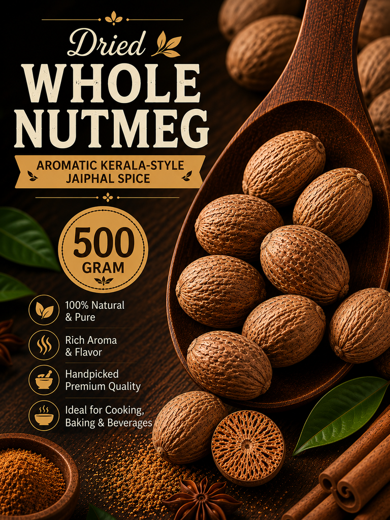Whole Nutmeg | Aromatic Kerala-Style Jaiphal Spice | Fresh-Grating Nutmeg for Payasam, Desserts, Baking, Curries and Biryani