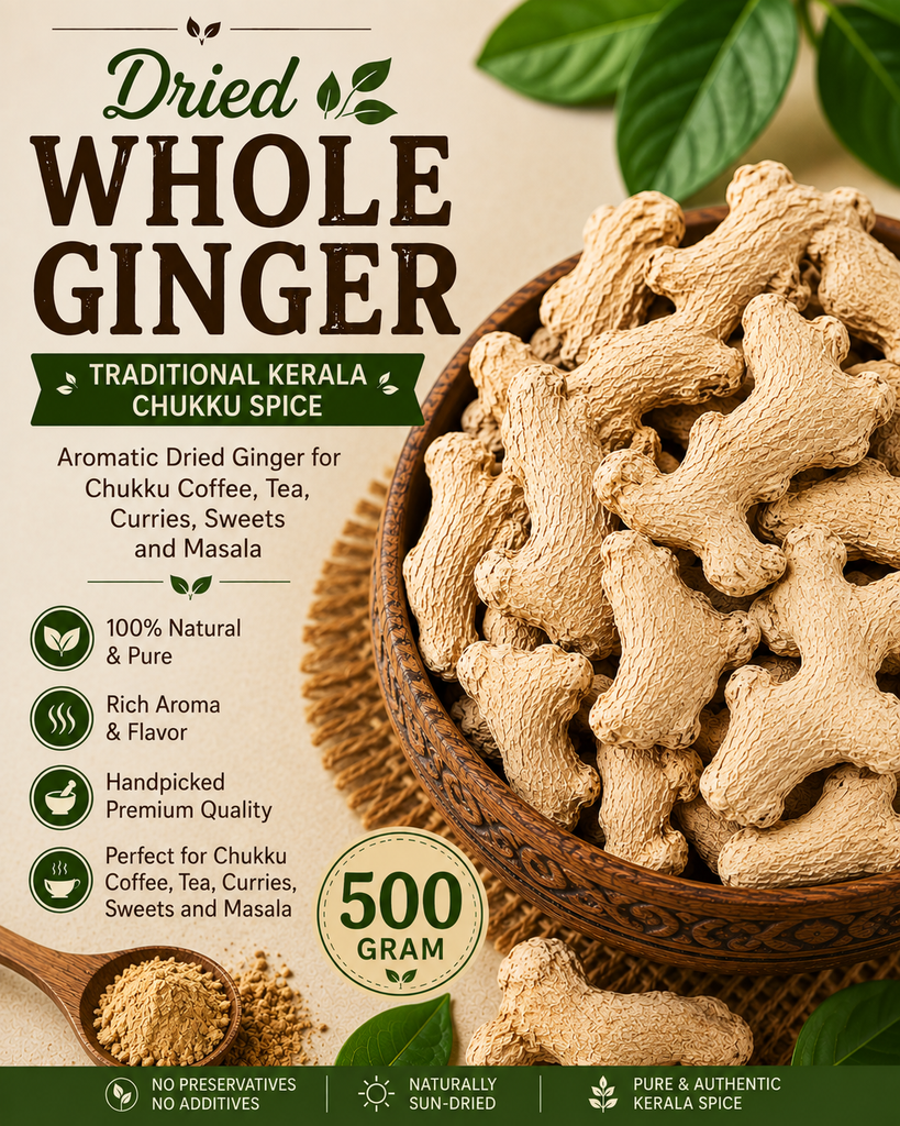 Whole Dry Ginger | Traditional Kerala Chukku Spice | Aromatic Dried Ginger for Chukku Coffee, Tea, Curries, Sweets and Masala