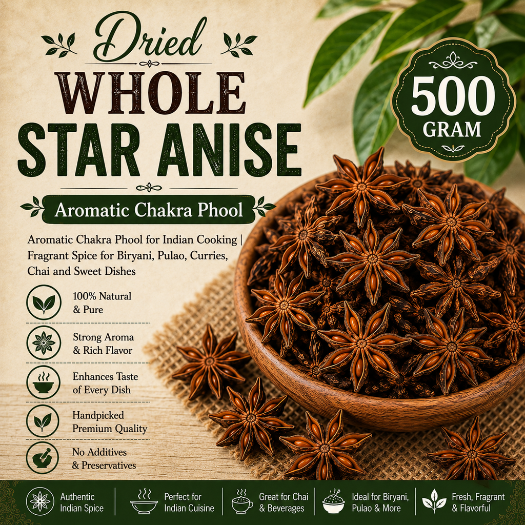 Whole Star Anise | Aromatic Chakra Phool for Indian Cooking | Fragrant Spice for Biryani, Pulao, Curries, Chai and Sweet Dishes
