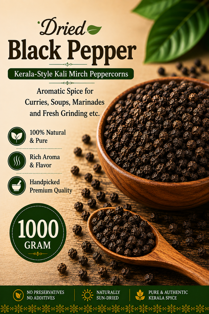Whole Black Pepper | Kerala-Style Kali Mirch Peppercorns | Aromatic Spice for Curries, Rasam, Soups, Marinades and Fresh Grinding