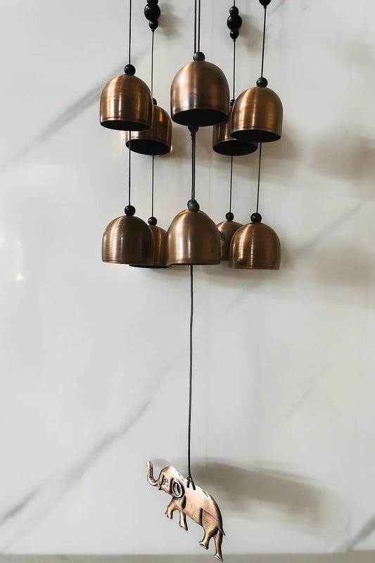 Vintage Elephant Design Brass Bell Wind Chime for Home Décor – 9 Hanging Bells with Dome Top, Lucky Elephant Charms & Soothing Tones – Perfect for Balcony, Garden, Living Room, or Vastu & Feng Shui Gift -Gardening
